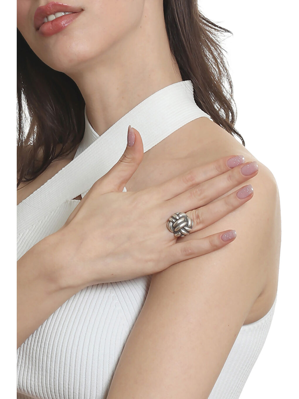 Gri Kadın Antik Gümüş Kaplama Ayarlanabilir İki Telli Halat Düğüm Dokulu Yüzük-5