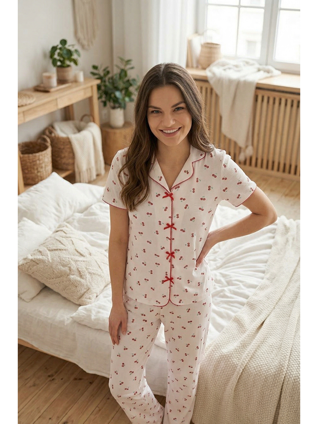 Kırmızı Fiyonk Detay Yumuşak Kısa Kol Pijama Takım Kiraz-2