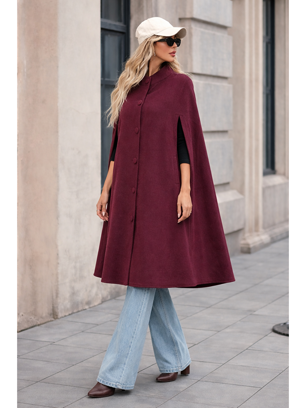 Kadın Düğmeli Premium Comfort Bordo Kaşe Panço-1