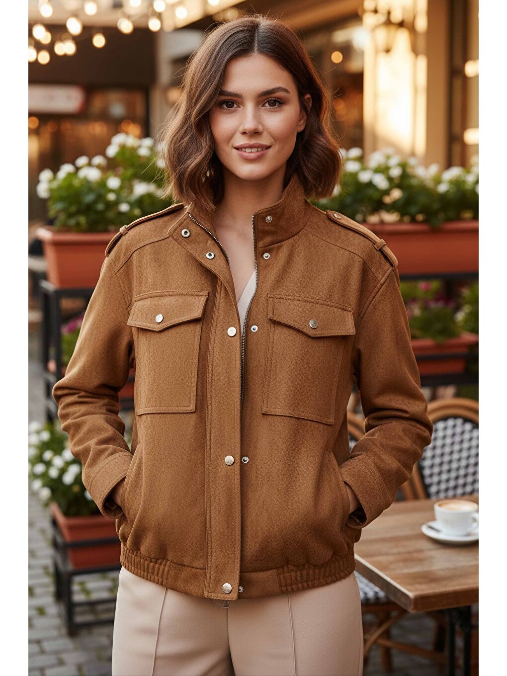 Kahverengi Çift Cepli Beli Lastikli Süet Ceket Taba - 28091-TABA-1