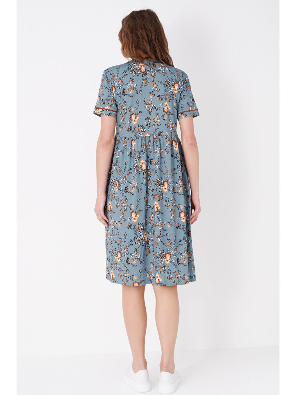 Mavi Desenli Biyeli Cepli Düğmeli Kısa Kollu Pamuklu Elbise-4