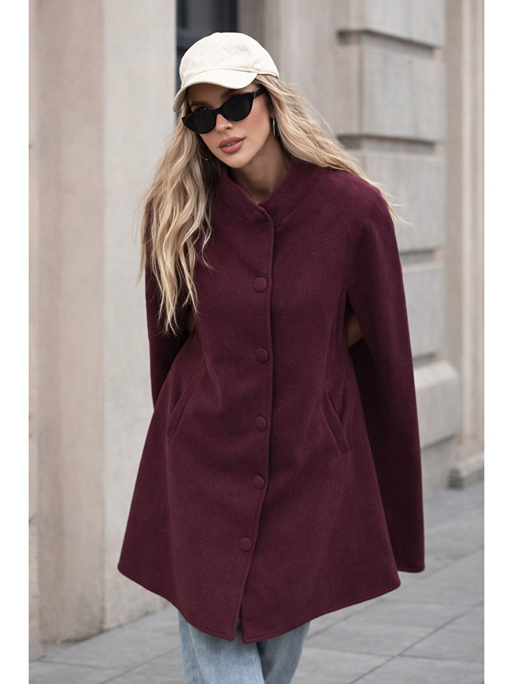 Kadın Düğmeli Premium Comfort Bordo Kaşe Panço-2