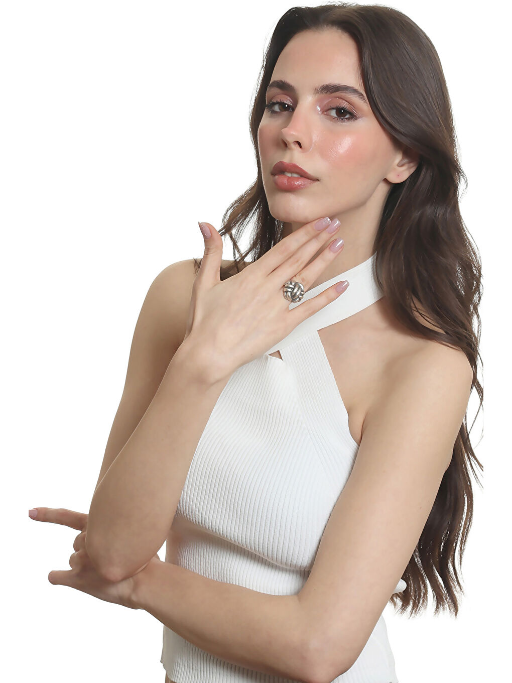 Gri Kadın Antik Gümüş Kaplama Ayarlanabilir İki Telli Halat Düğüm Dokulu Yüzük-6