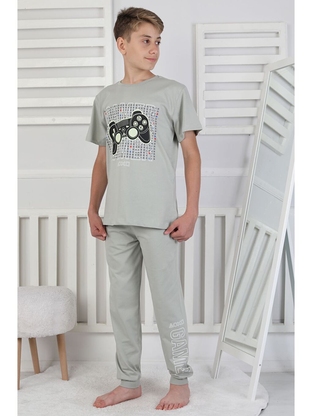 Yeşil Gamer Console Desenli Kısa Kollu Erkek Çocuk Pijama Takımı-2