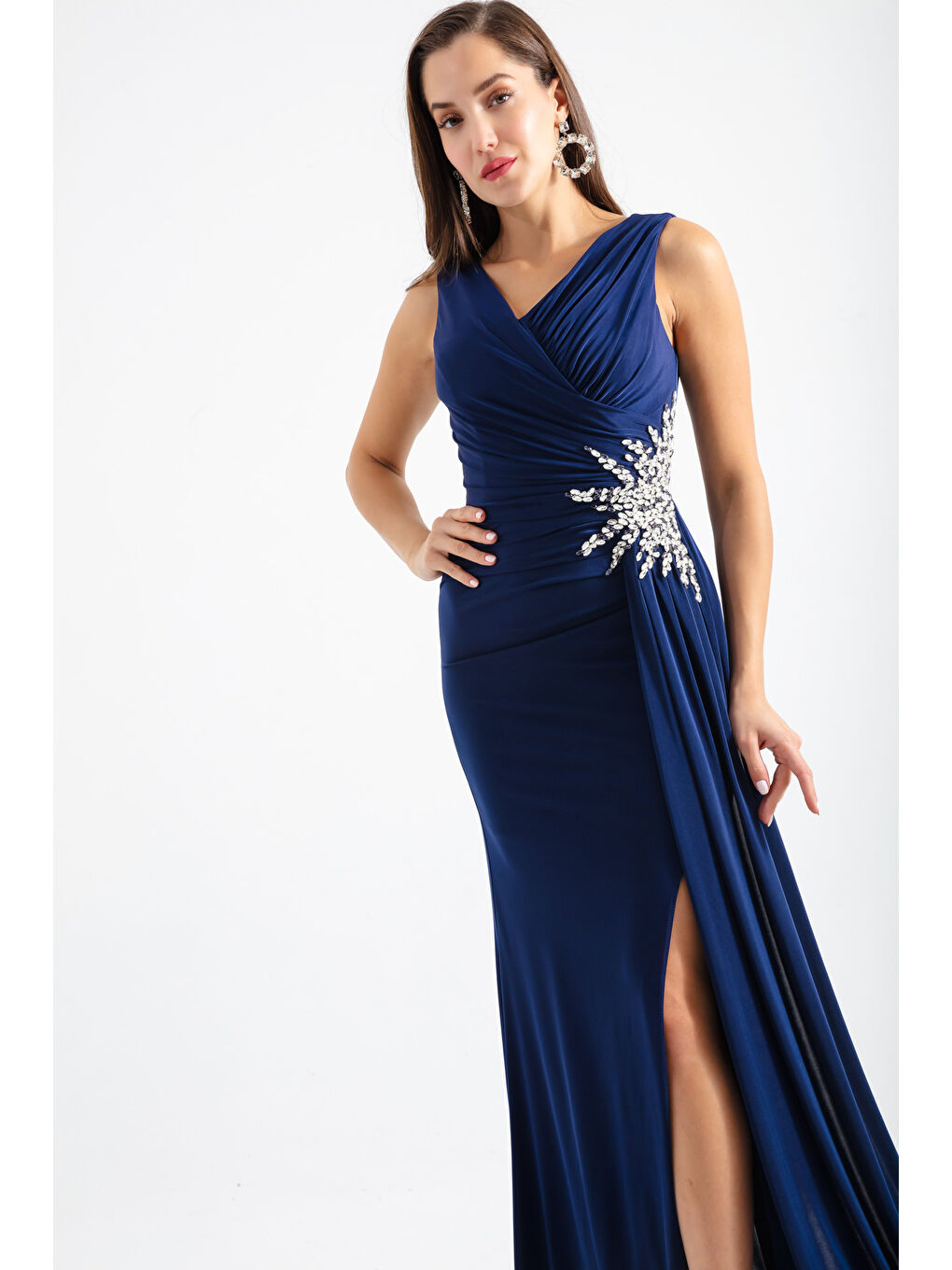 Kadın Lacivert Kruvaze Yaka Taşlı Abiye Elbise-1