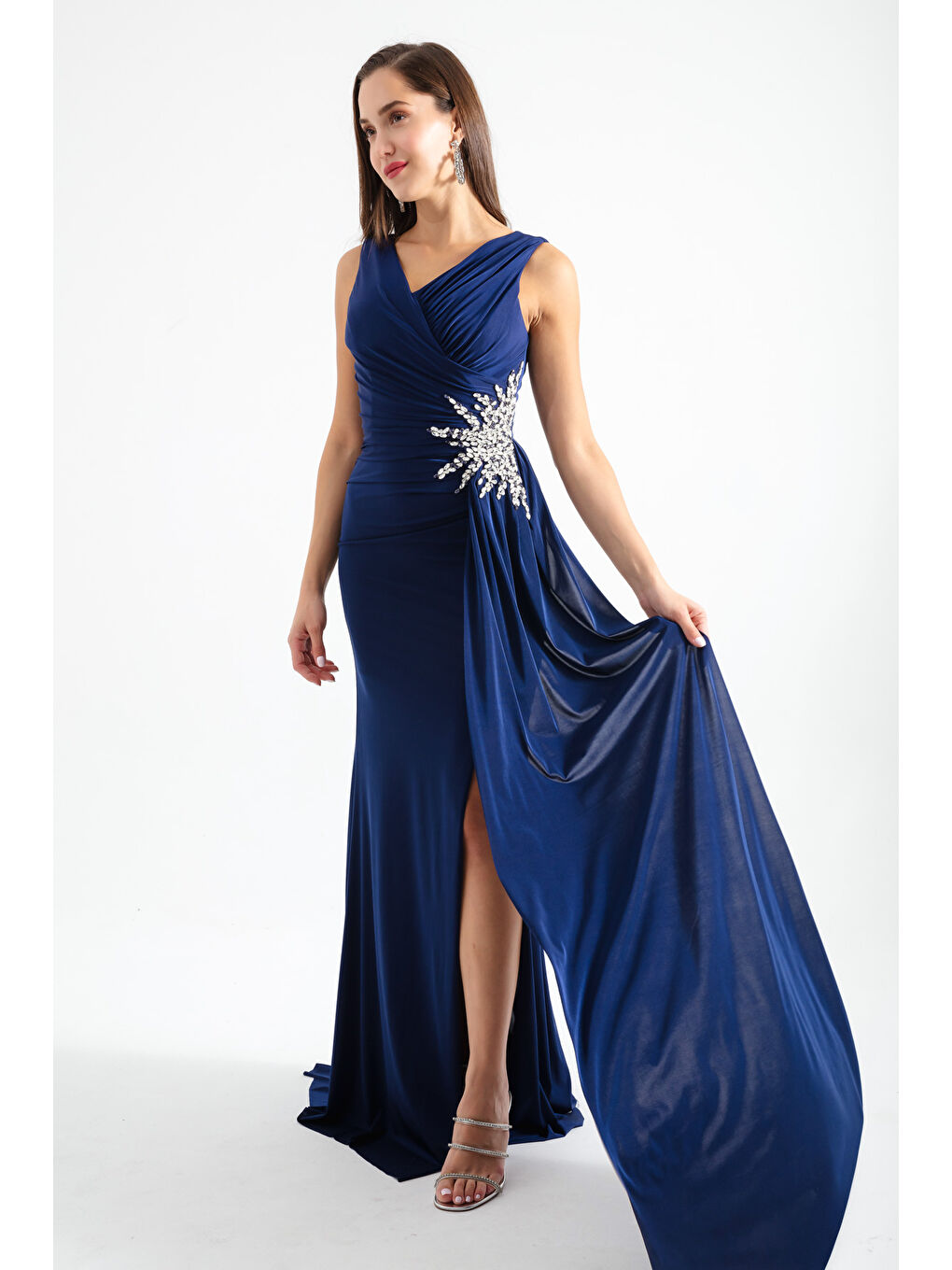 Kadın Lacivert Kruvaze Yaka Taşlı Abiye Elbise-2