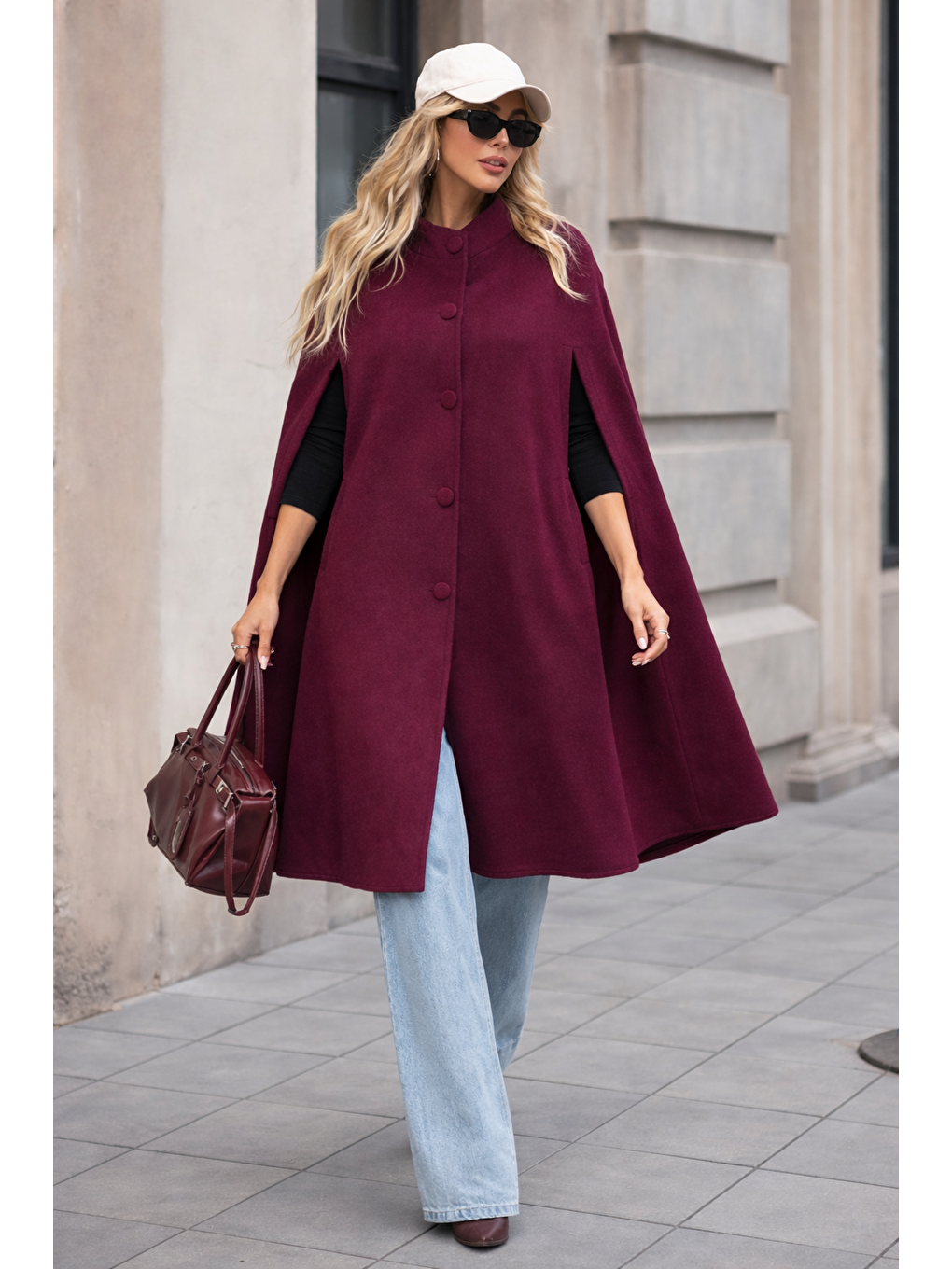 Kadın Düğmeli Premium Comfort Bordo Kaşe Panço-3