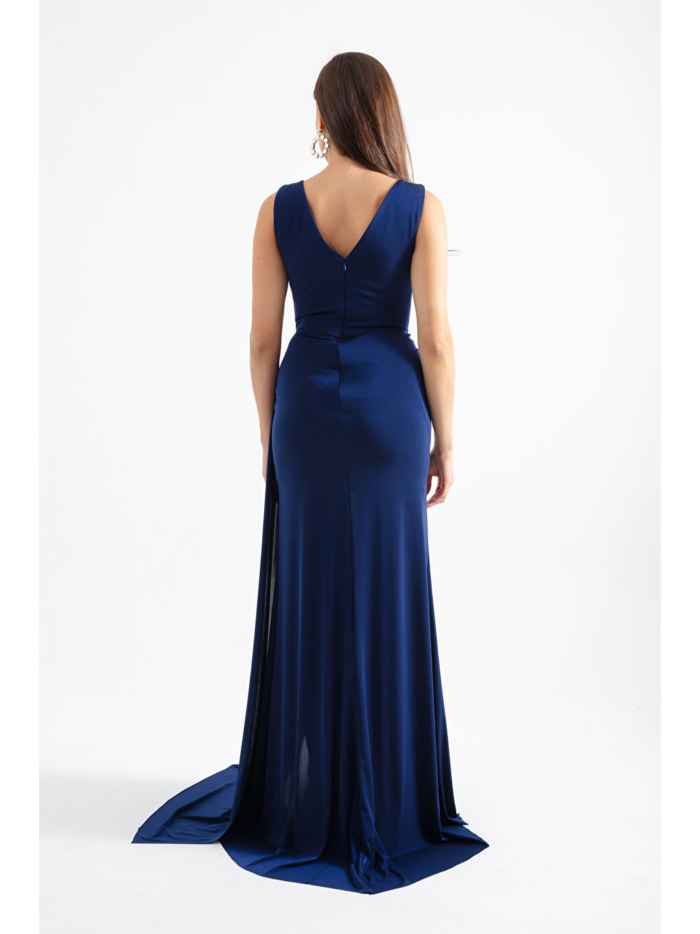 Kadın Lacivert Kruvaze Yaka Taşlı Abiye Elbise-4