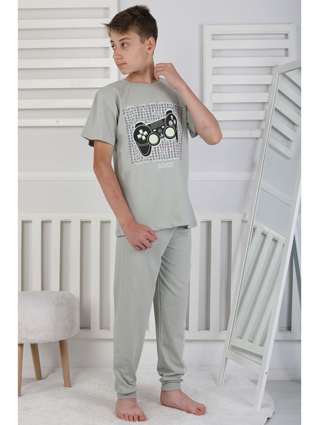 Yeşil Gamer Console Desenli Kısa Kollu Erkek Çocuk Pijama Takımı-3