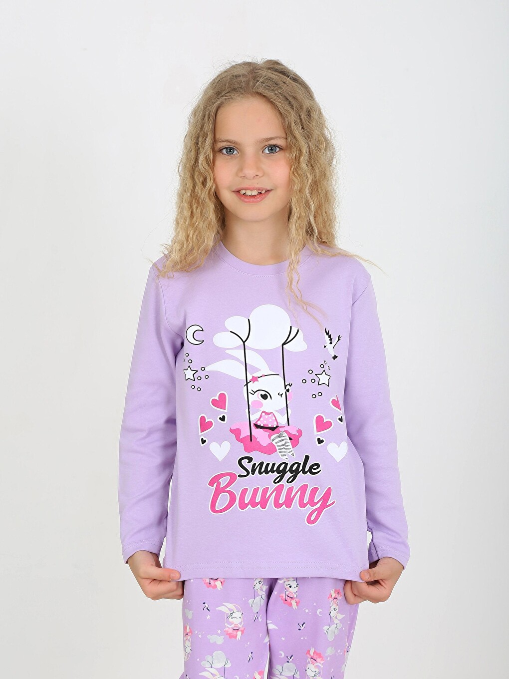Lila Kız Çocuk Uzun Kollu %100 Pamuklu Pijama Takımı Snuggle Bunny