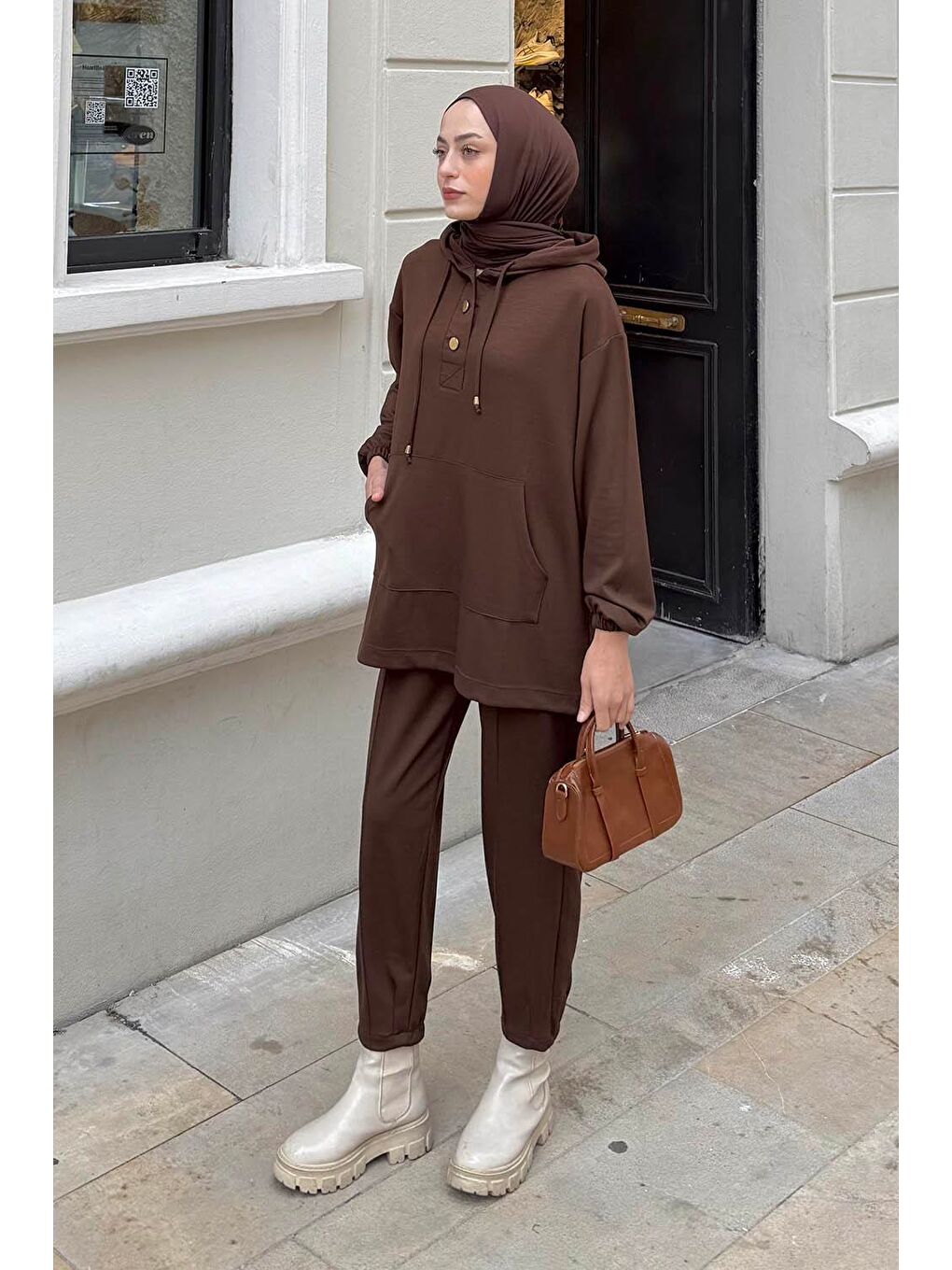 Kapüşonlu İkili Takım Acı Kahverengi-1