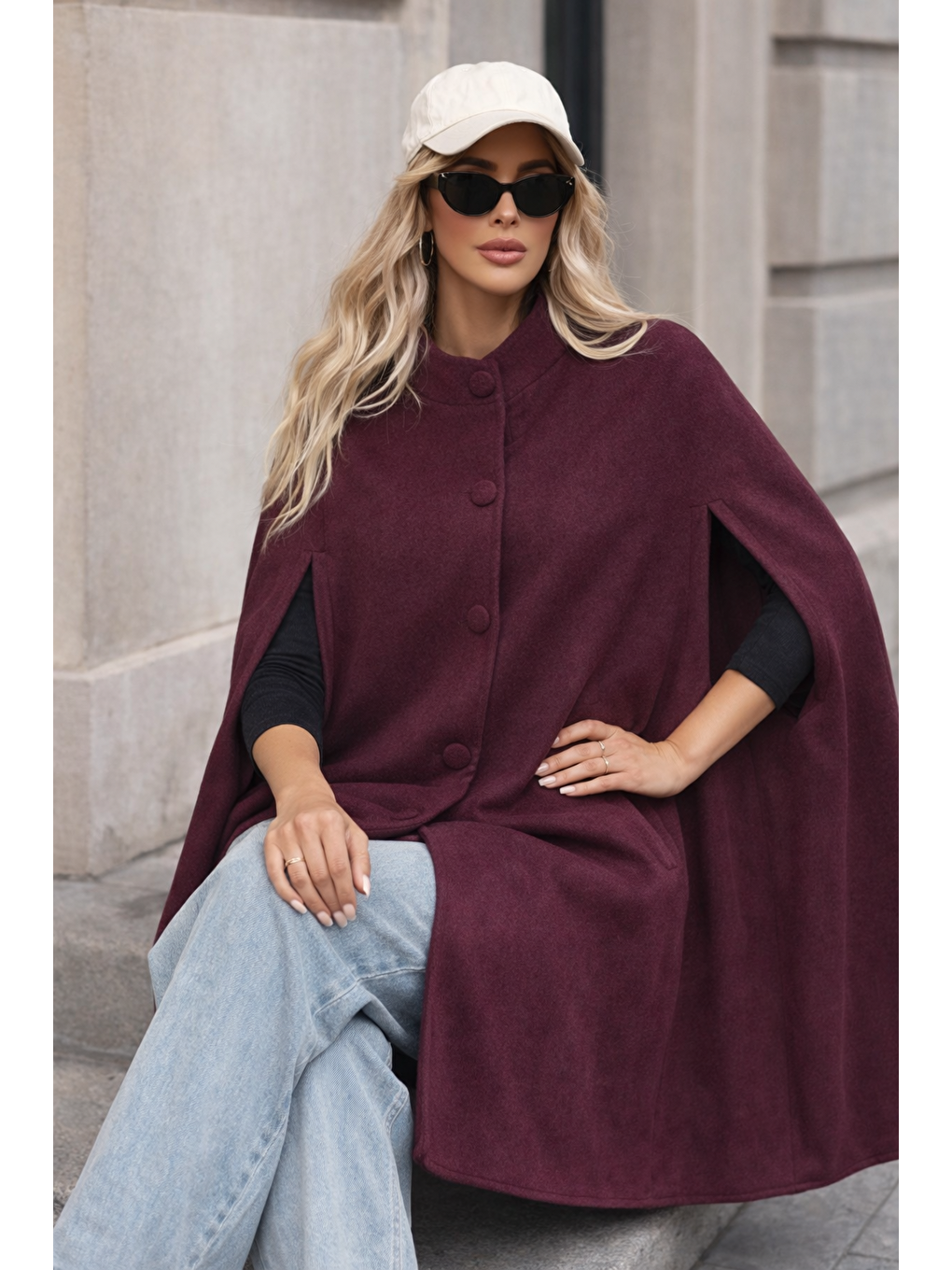 Kadın Düğmeli Premium Comfort Bordo Kaşe Panço-4