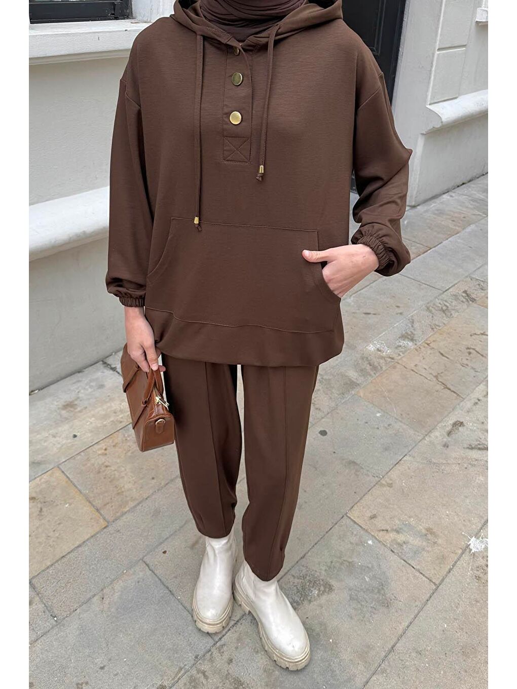 Kapüşonlu İkili Takım Acı Kahverengi-2