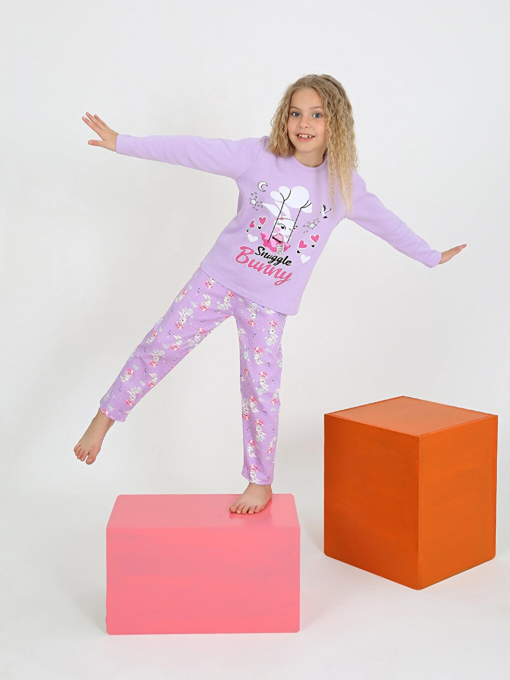 Lila Kız Çocuk Uzun Kollu %100 Pamuklu Pijama Takımı Snuggle Bunny-1