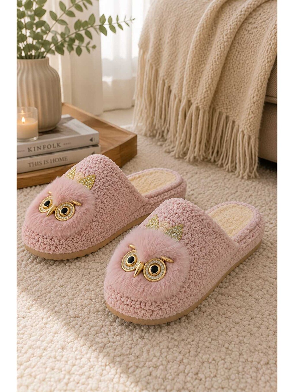 Pembe Kadın, Baykuş Figürlü, Pelüş Konforlu, Ev Giyim, Pelüş Ev Terliği-3