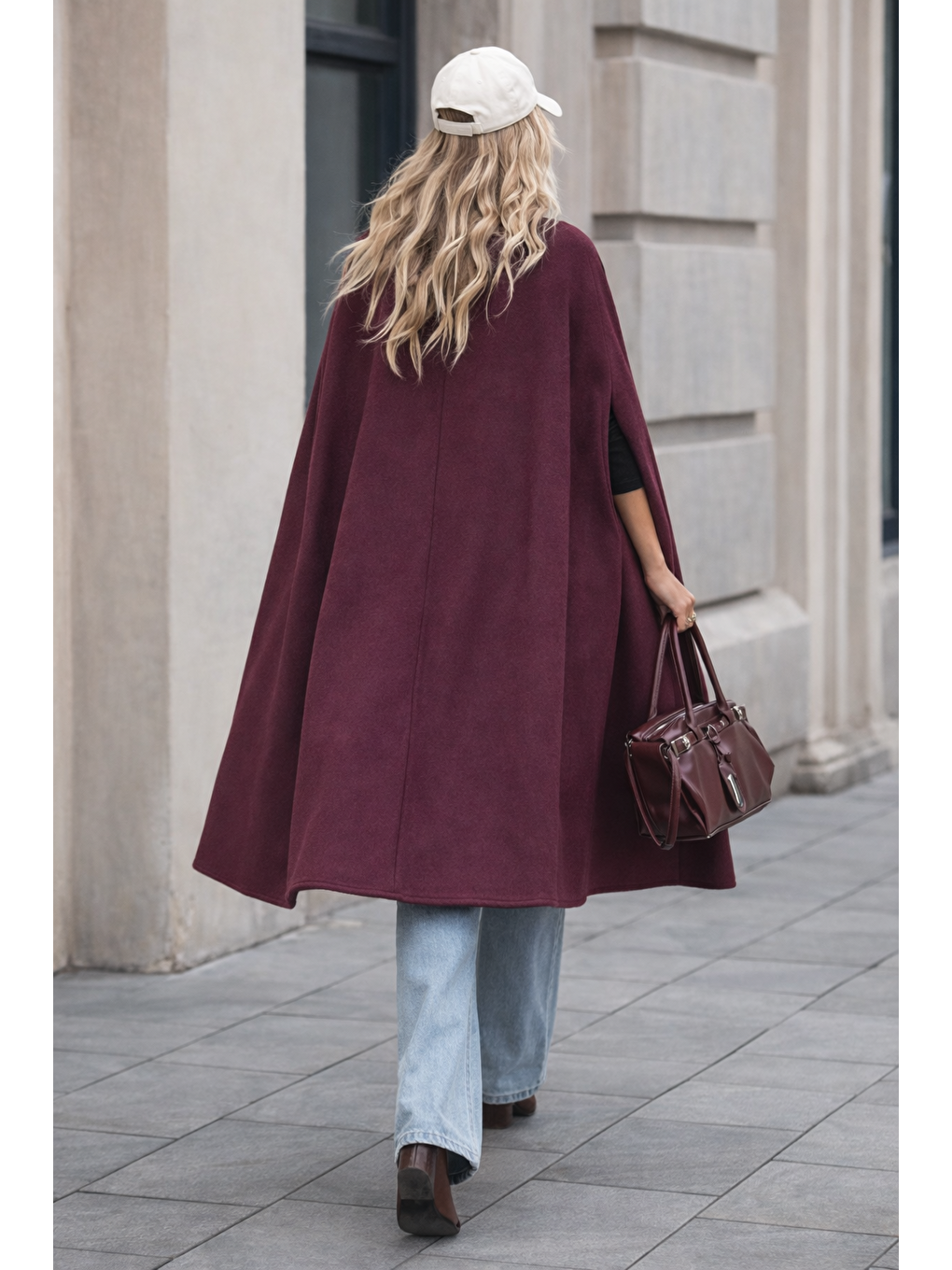 Kadın Düğmeli Premium Comfort Bordo Kaşe Panço-5