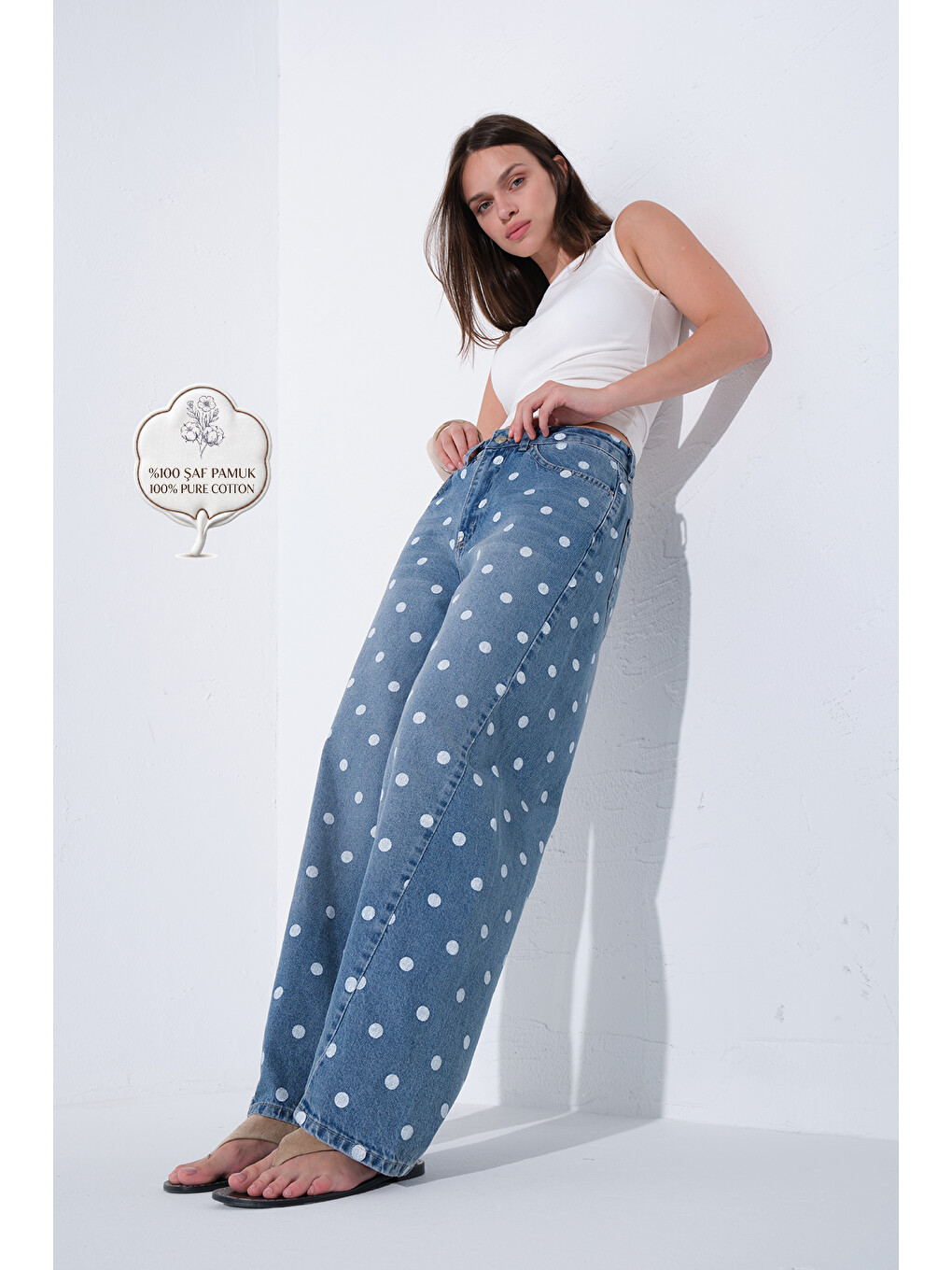 Mavi puantiye Desen  %100 Pamuk Yüksek Bel Rahat Kesim Jean Barrel kadın Pantolon @Honover