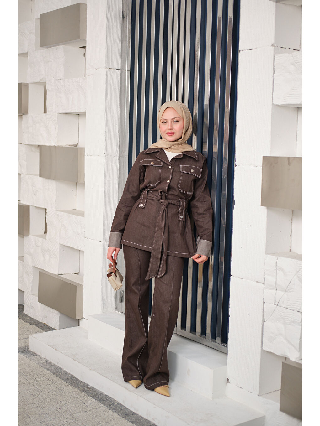 Kadın Çıt Çıt Detaylı Dikiş Detay Bel Bağlamalı Takım Kahverengi-1