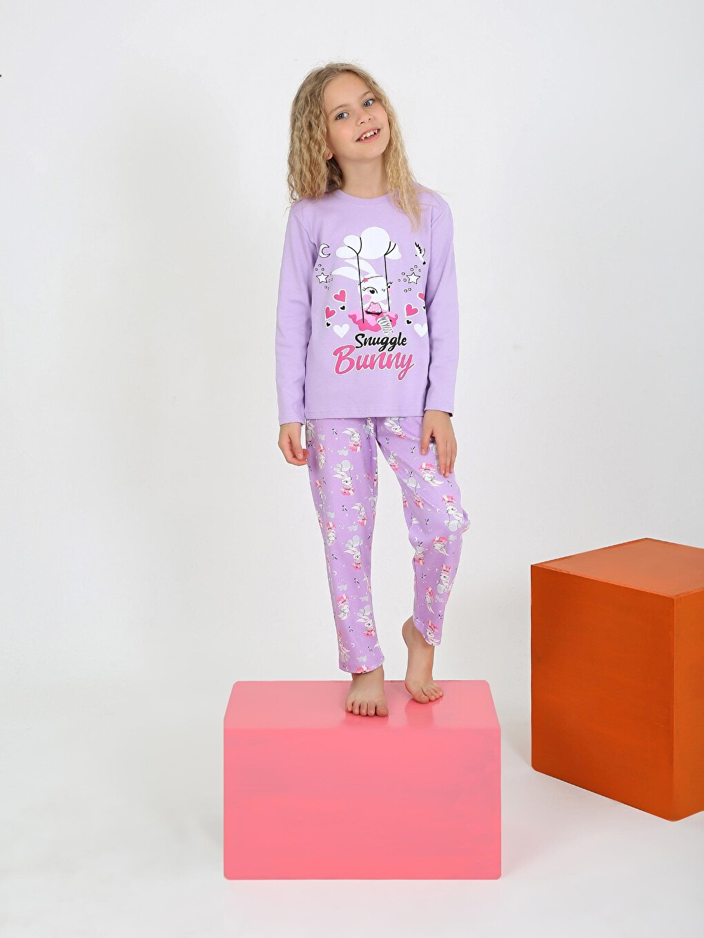 Lila Kız Çocuk Uzun Kollu %100 Pamuklu Pijama Takımı Snuggle Bunny-2