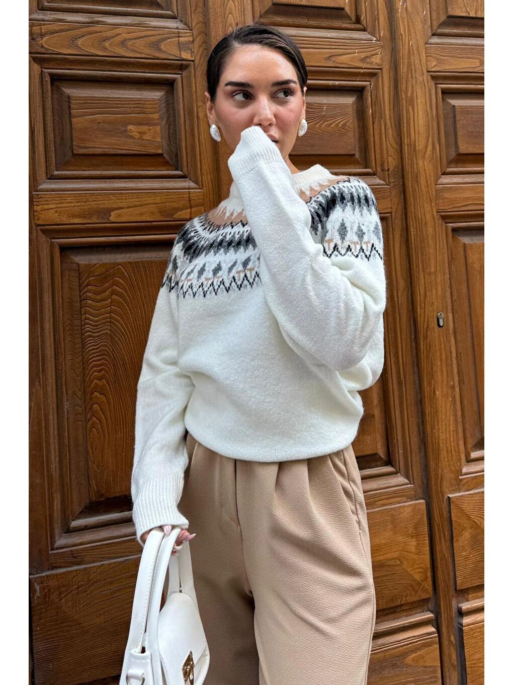 Beyaz Kemik Rengi Bisiklet Yaka Desenli Kadın Triko Kazak Mg2502-5