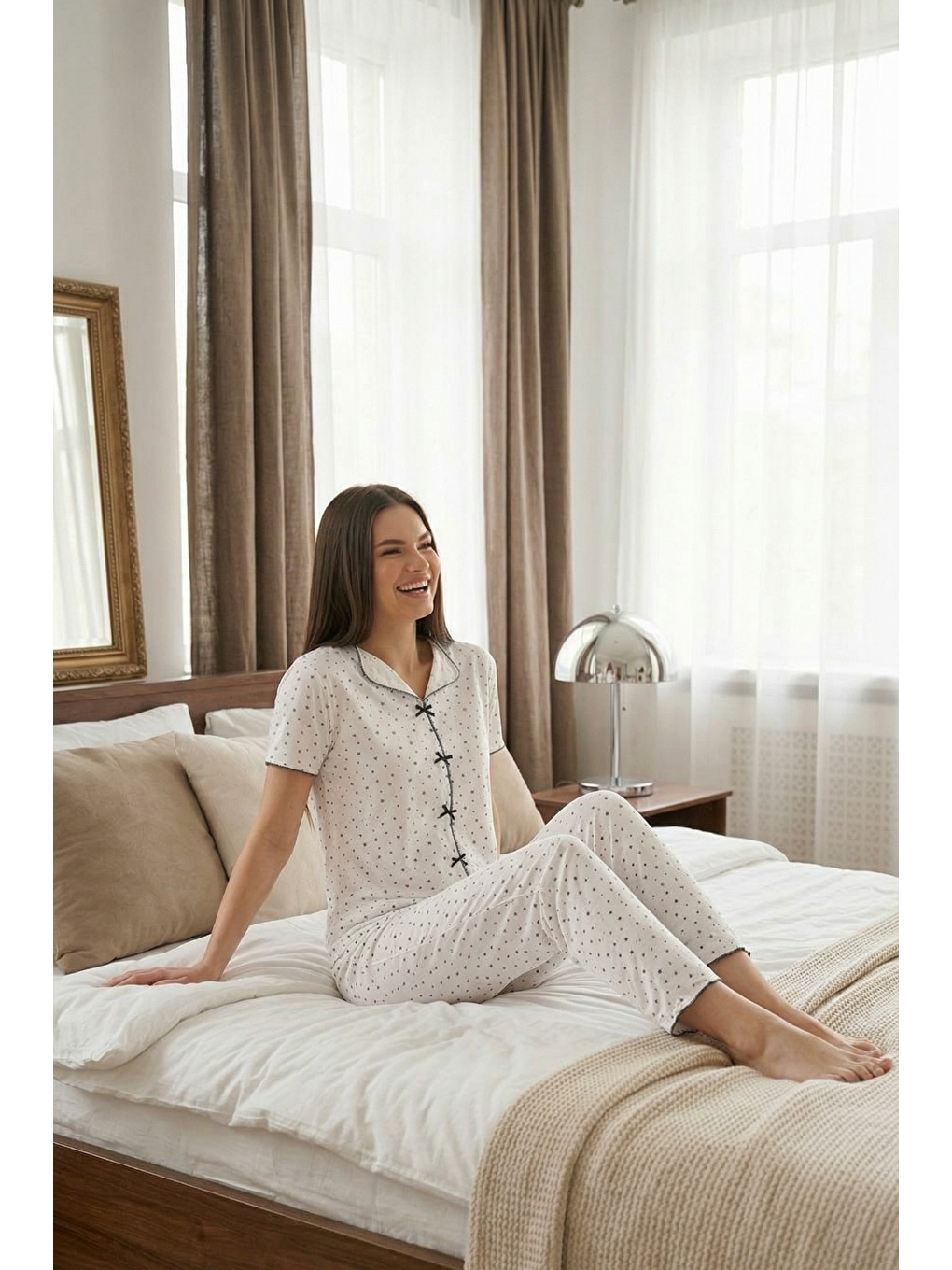 Bej Fiyonk Detay Yumuşak Kısa Kol Pijama Takım Yıldız-2