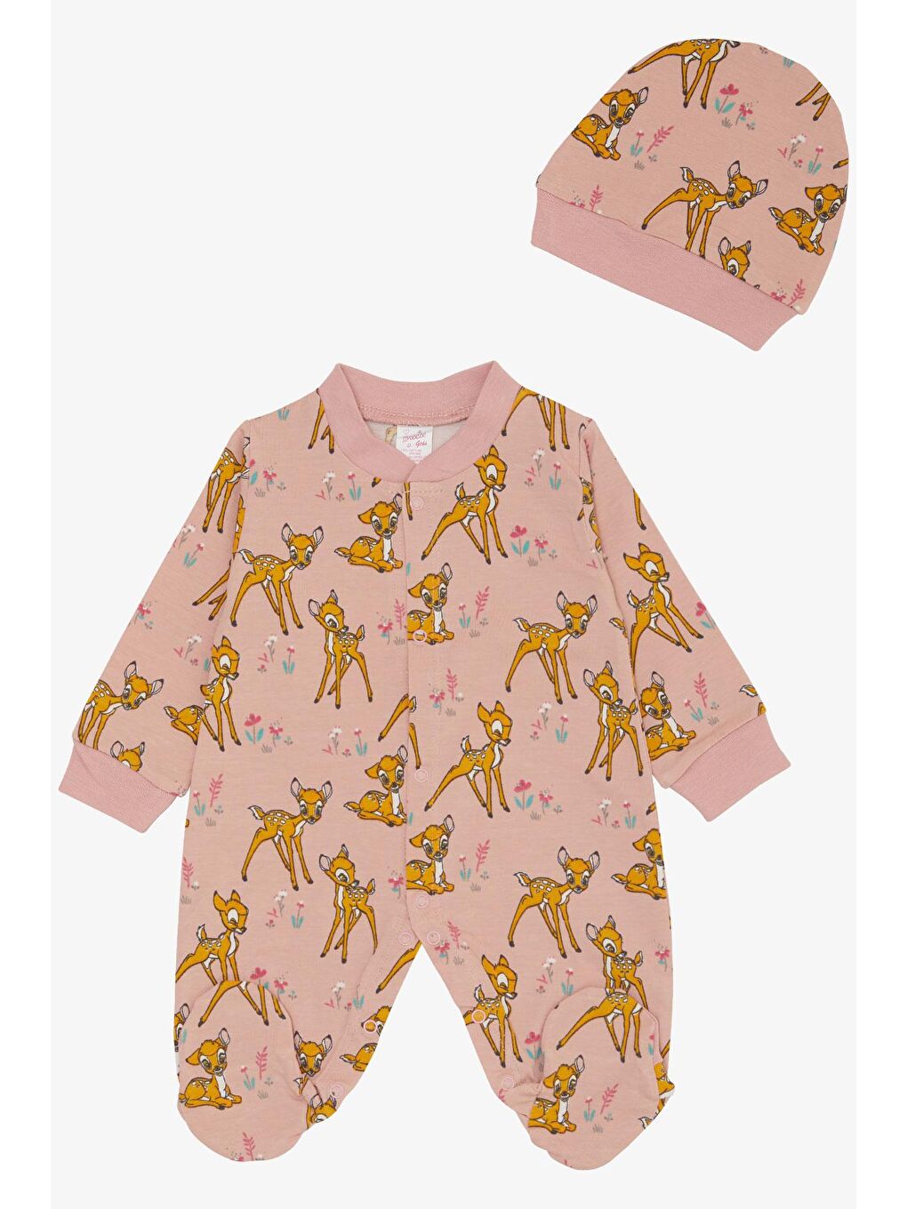 Pembe Kız Bebek Patikli Tulum Orman Temalı Neşeli Ceylancık Desenli Gülkurusu (0-6 Ay)