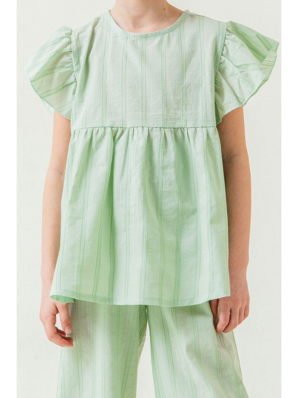 Kız Çocuk Rahat Kesim Simli Çizgili Alt Üst Takım 5-9 Yaş Yeşil-2