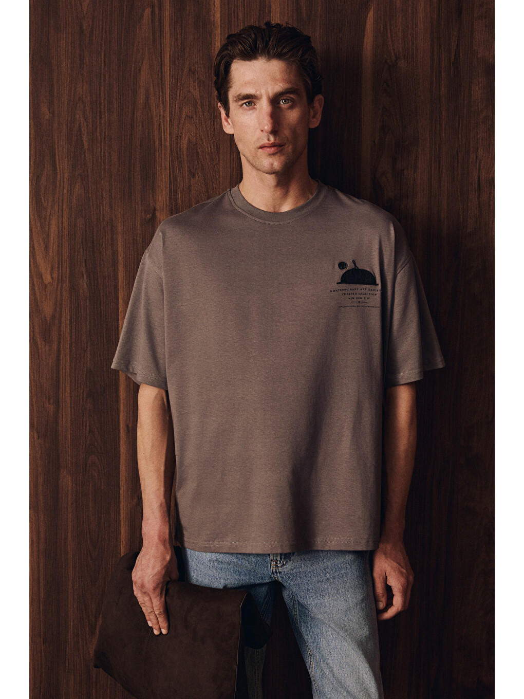 Asela Erkek Ön Ve Arkası Nakış Detaylı Kısa Kollu Gri T-shirt-2