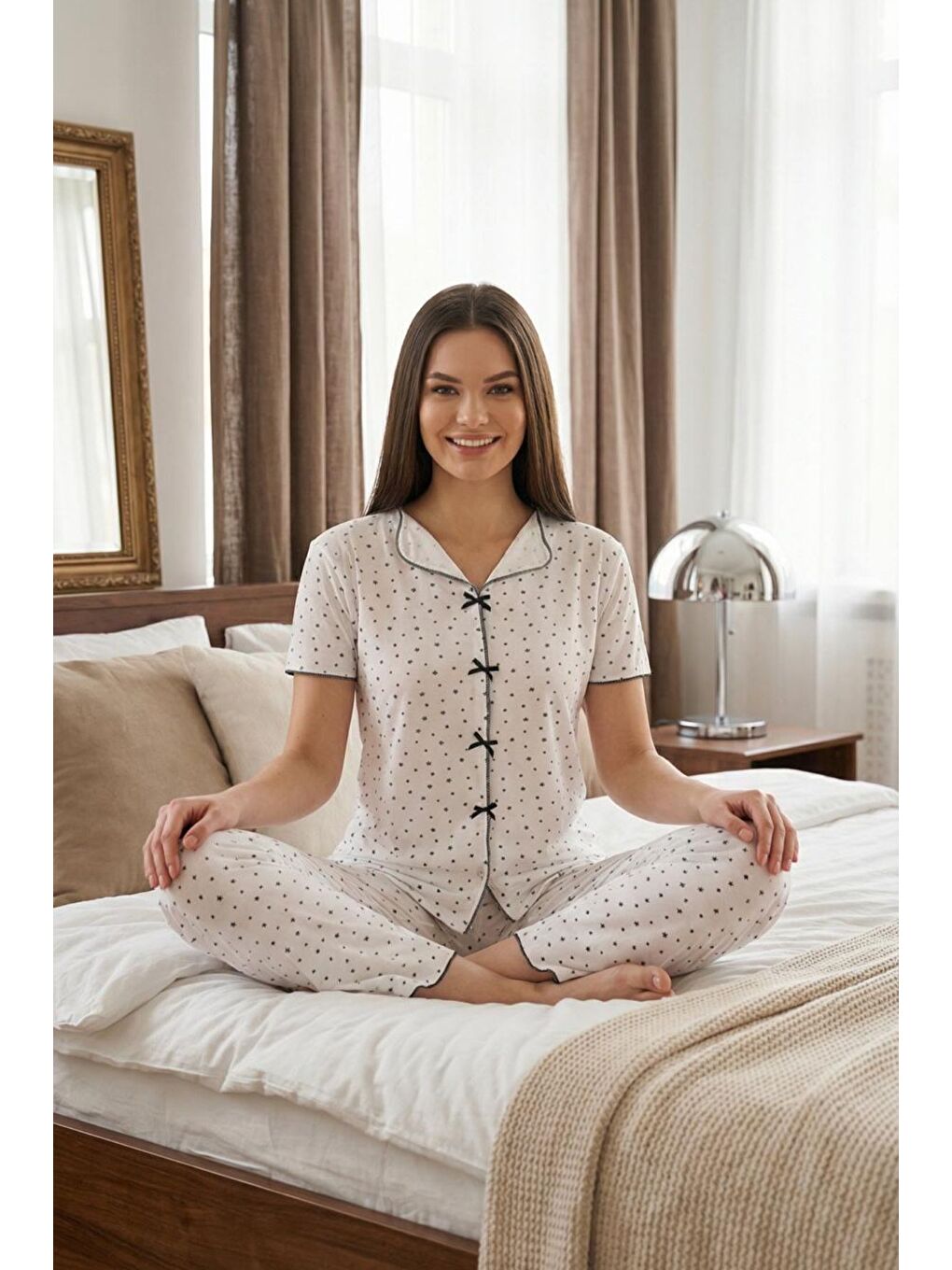 Bej Fiyonk Detay Yumuşak Kısa Kol Pijama Takım Yıldız-3