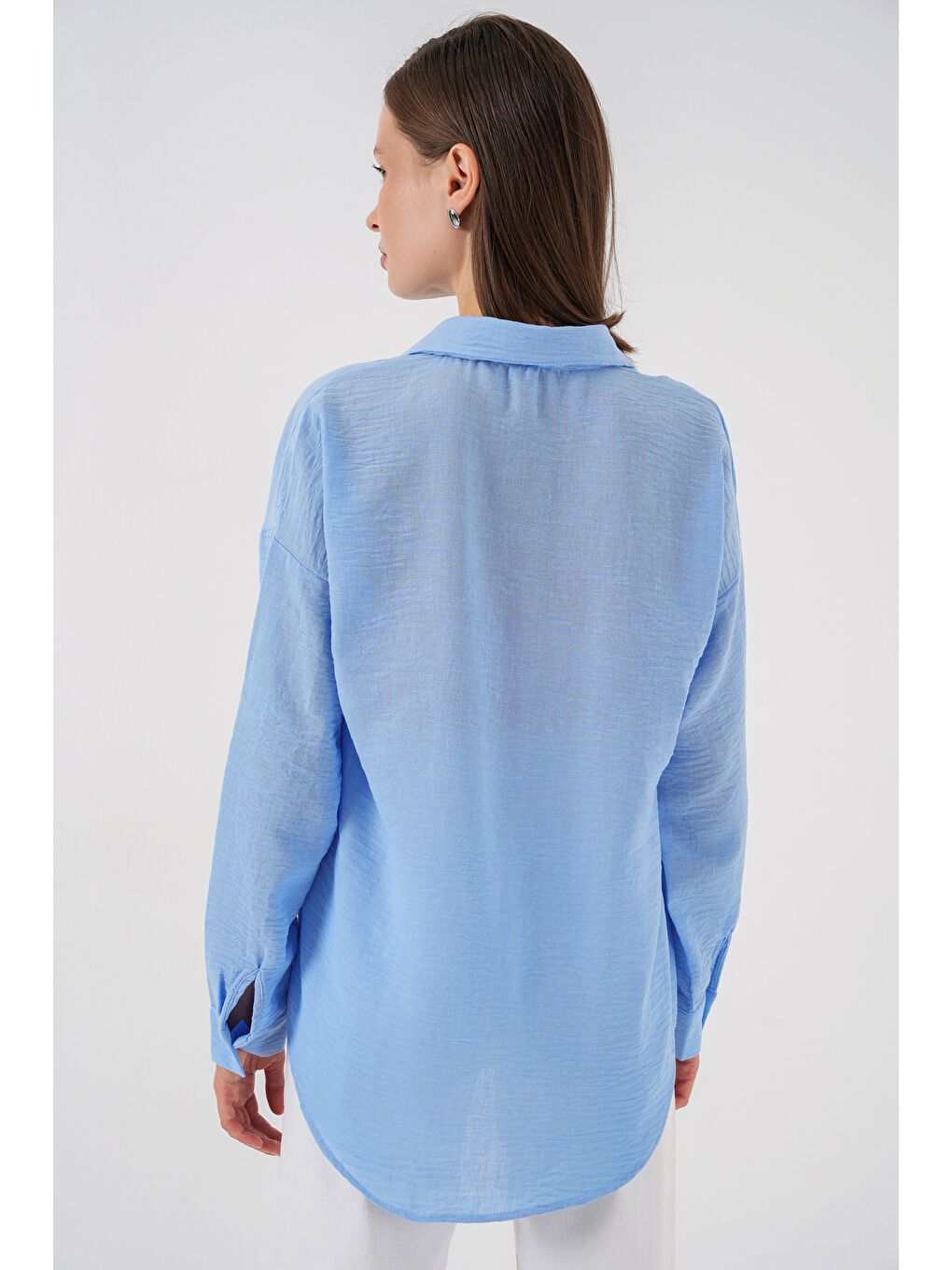 Kadın Nakışlı Oversize Gömlek 20338 - Mavi-5