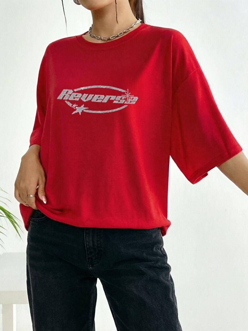 Kadın Kırmızı Star Yıldızı Baskılı Tişört