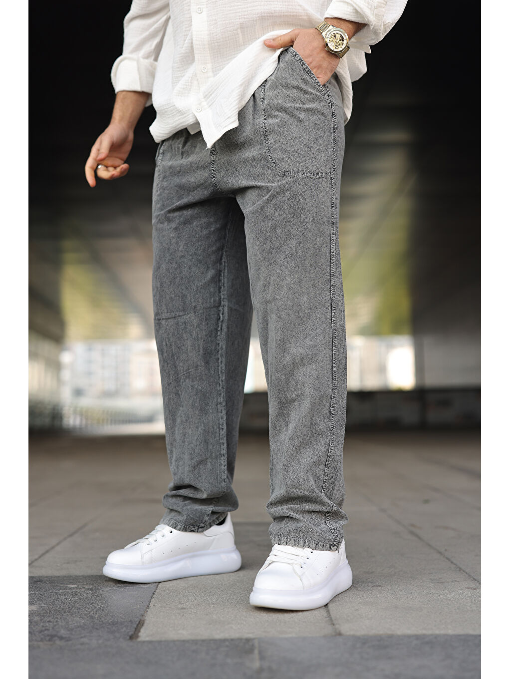 Beyaz Erkek Trend Basic Bol Paça K.Gri Baggy Keten Pantolon