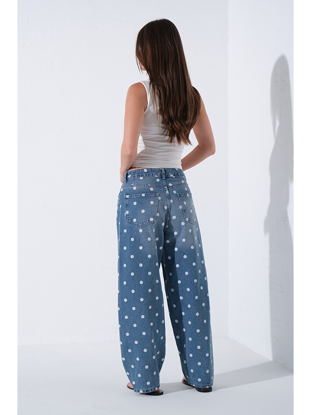 Mavi puantiye Desen  %100 Pamuk Yüksek Bel Rahat Kesim Jean Barrel kadın Pantolon @Honover-3