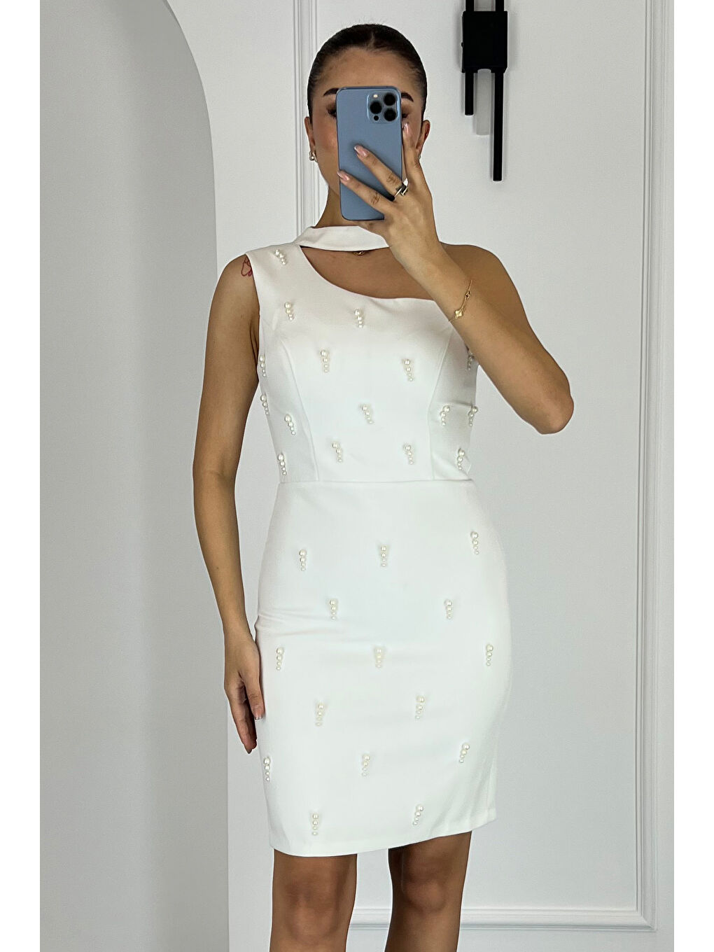 Kadın Beyaz İncili Mini Söz Nişan Nikah Abiye Elbise