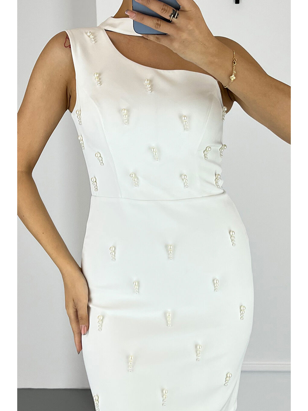 Kadın Beyaz İncili Mini Söz Nişan Nikah Abiye Elbise-1