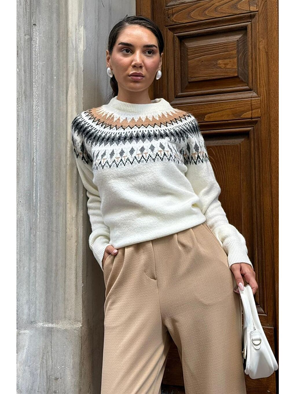 Beyaz Kemik Rengi Bisiklet Yaka Desenli Kadın Triko Kazak Mg2502-6