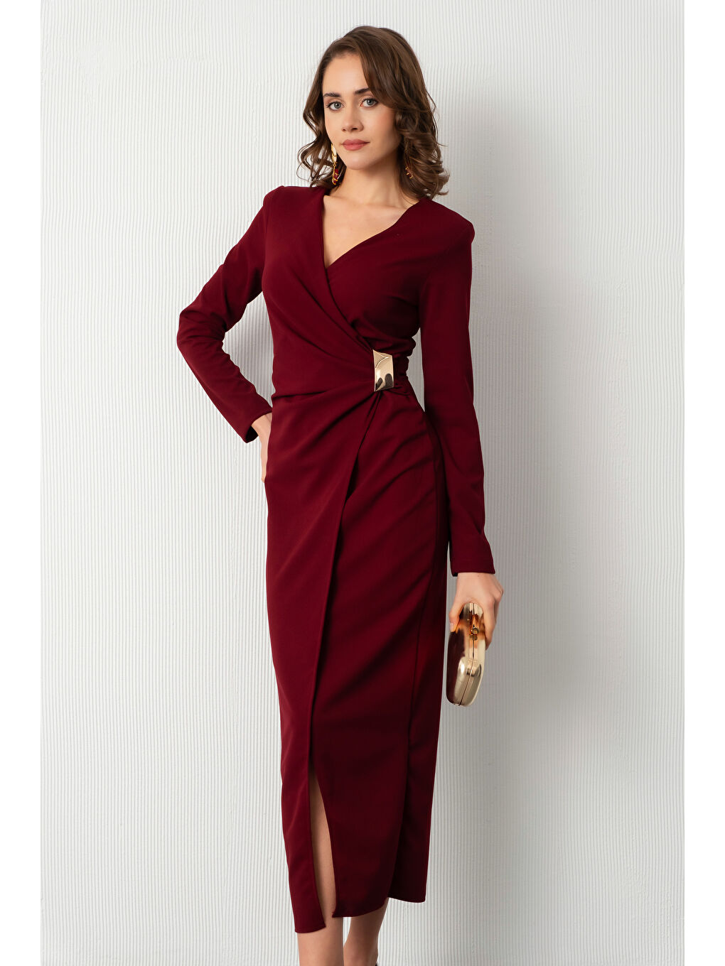 Kadın Bordo Aksesuar Detay Midi Davet Elbisesi-2