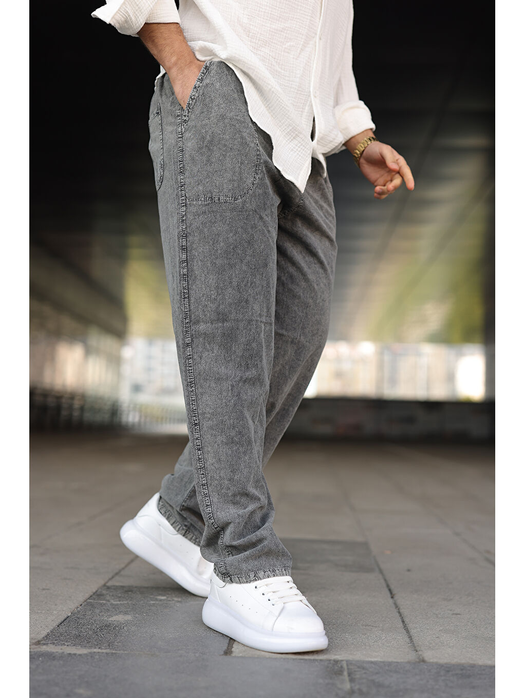 Beyaz Erkek Trend Basic Bol Paça K.Gri Baggy Keten Pantolon-1