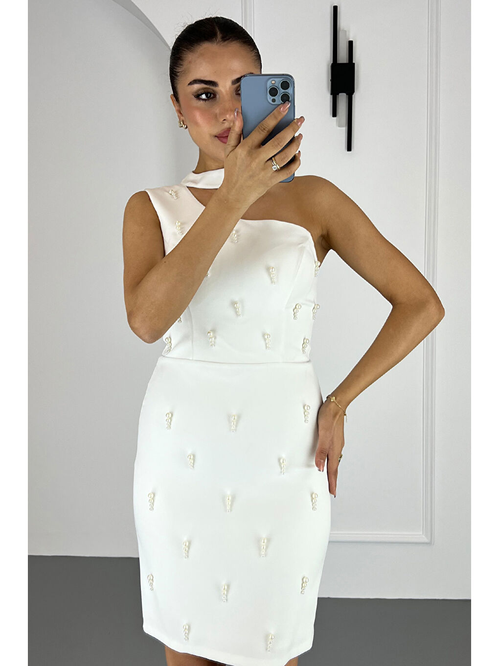 Kadın Beyaz İncili Mini Söz Nişan Nikah Abiye Elbise-2