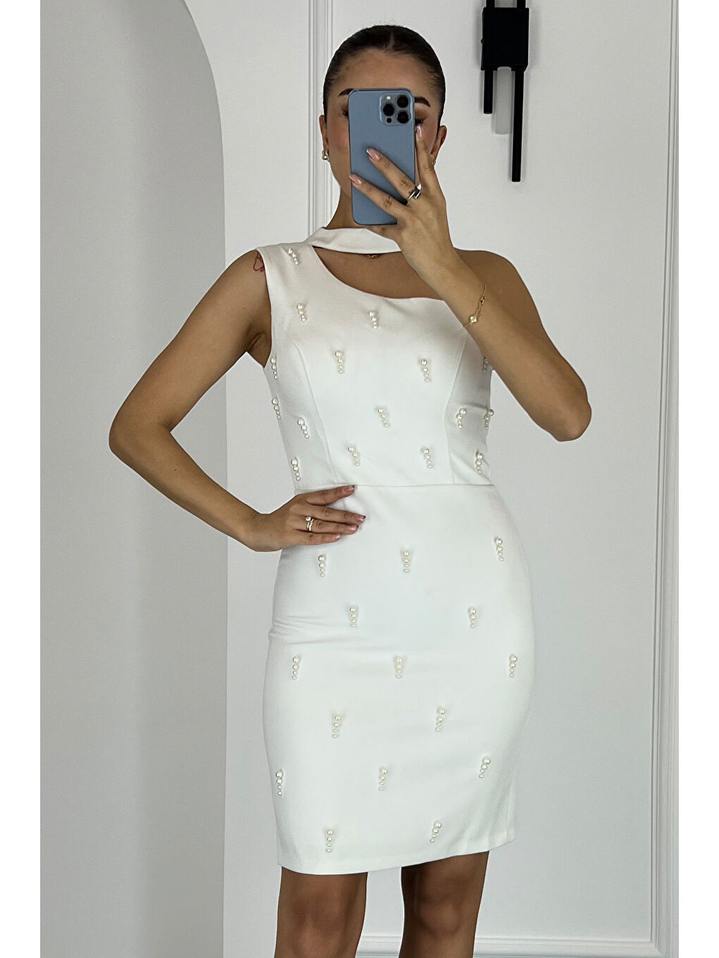 Kadın Beyaz İncili Mini Söz Nişan Nikah Abiye Elbise-3