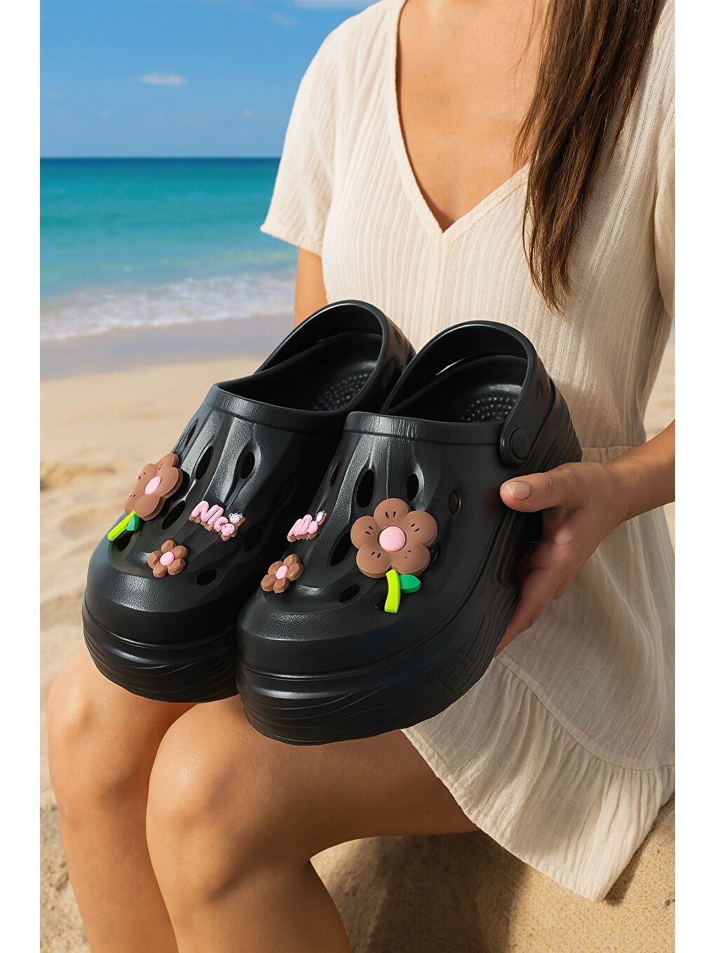 Siyah NAYS Dolgu Taban Kadın Terlik Yüksek Platform Plaj Deniz Havuz Terliği