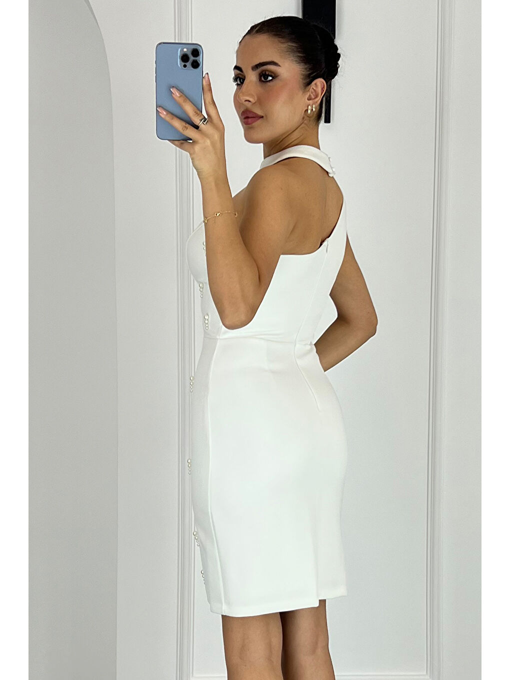 Kadın Beyaz İncili Mini Söz Nişan Nikah Abiye Elbise-4