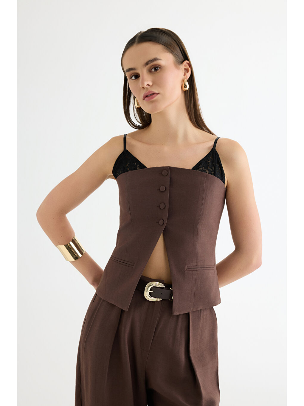 Dantel Askı Garnili Bustiyer Bluz Kahverengi