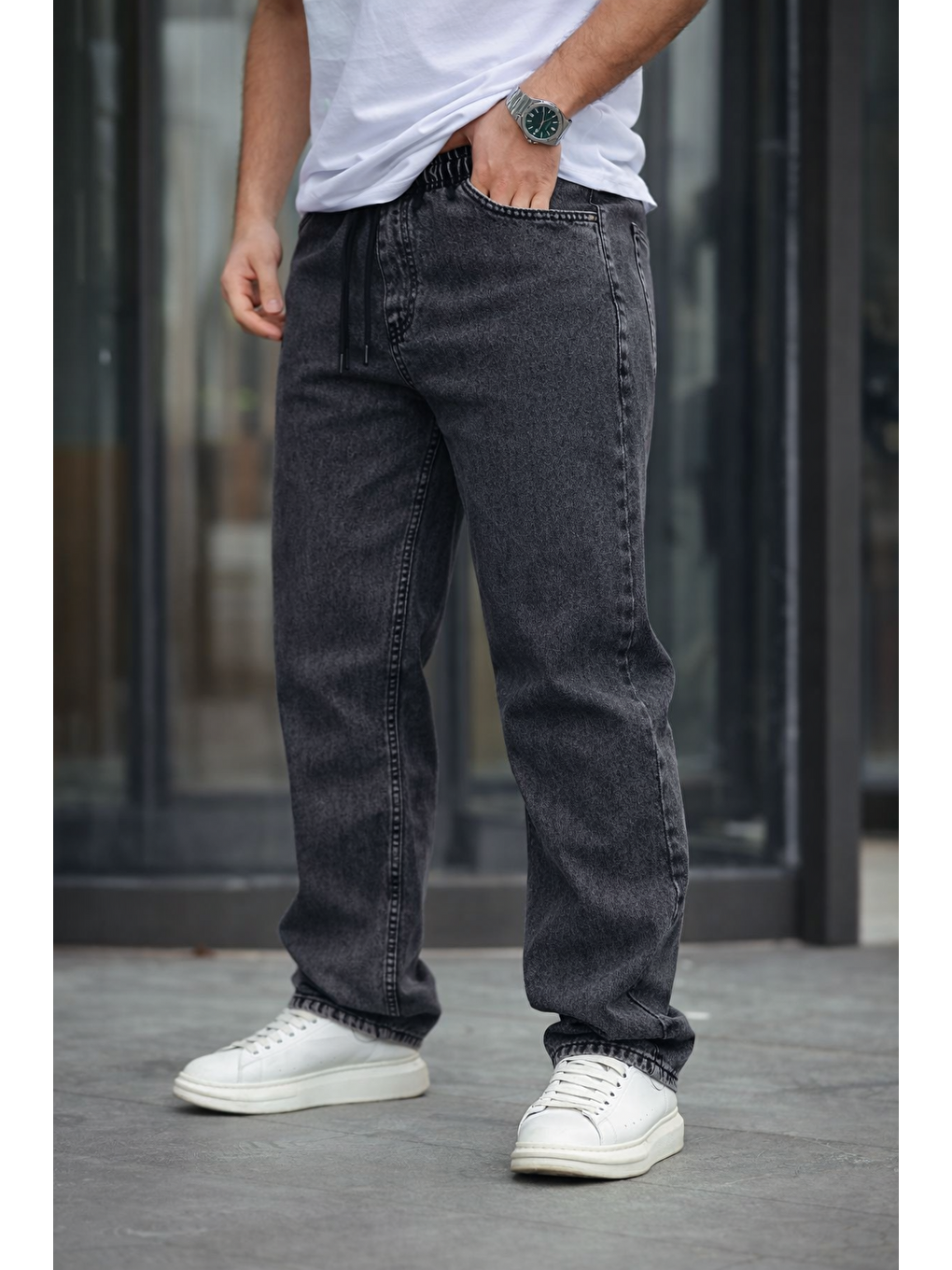 Gri Erkek Baggy Rahat Kalıp Bel Lastikli Pantolon-1