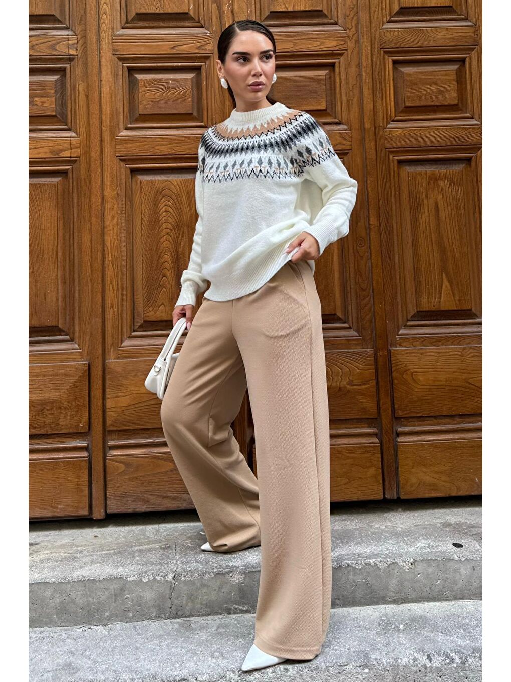 Beyaz Kemik Rengi Bisiklet Yaka Desenli Kadın Triko Kazak Mg2502-7