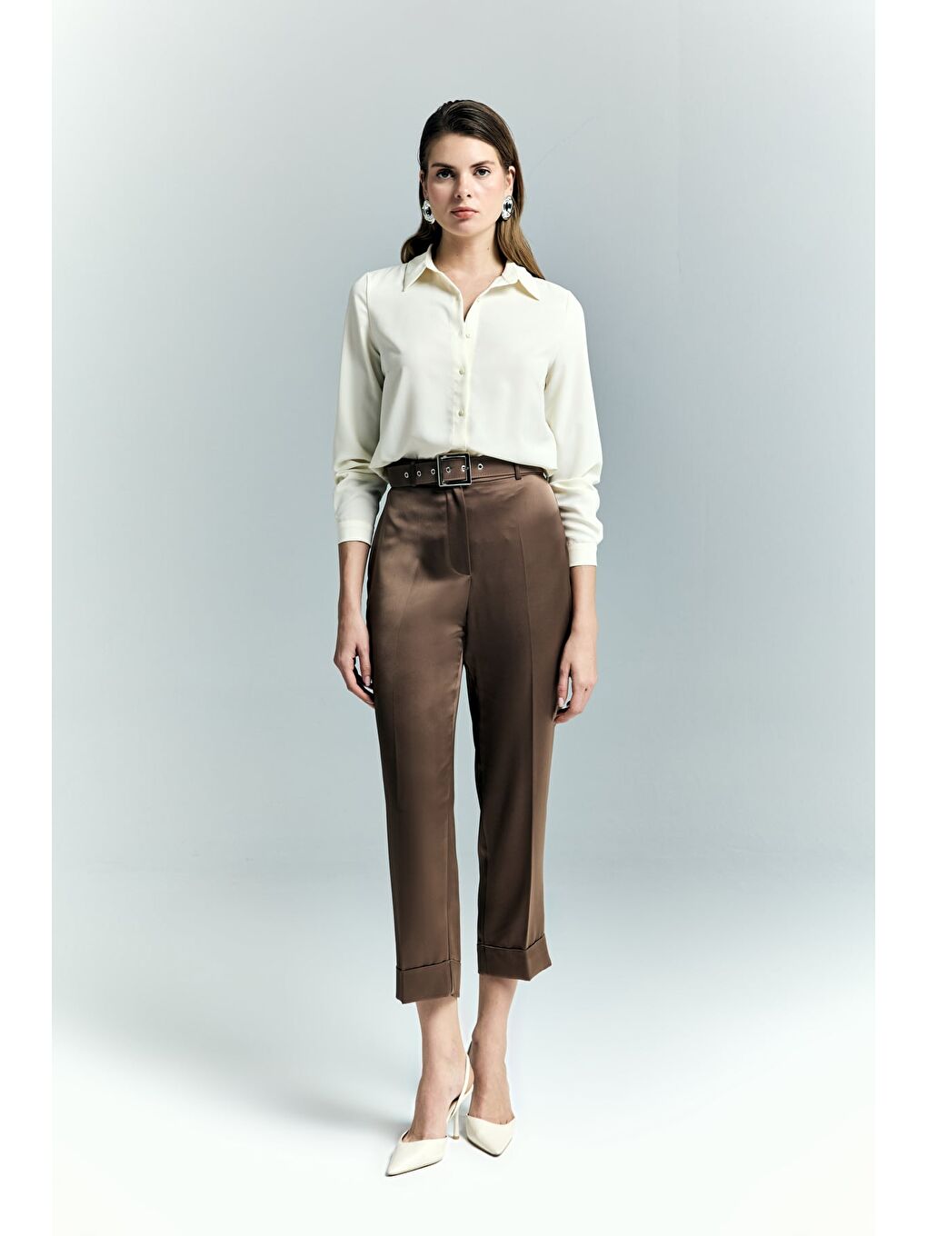 Kahverengi Lisa Saten Duble Paça Pantolon - Kahve