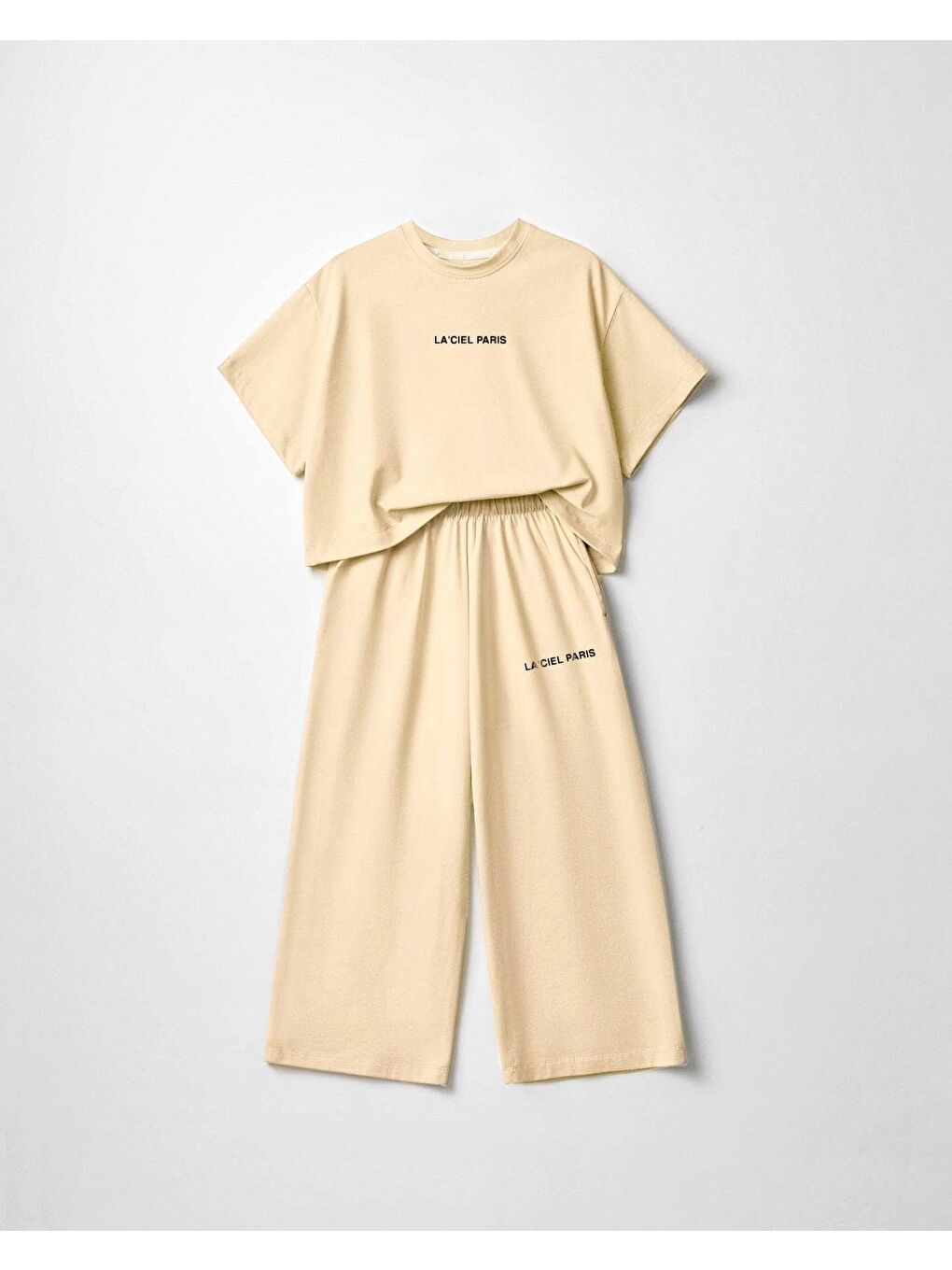 Kız Çocuk Pamuklu Bej Baskılı T-Shirt Pantolon Takım - Bol Kesim Rahat Set