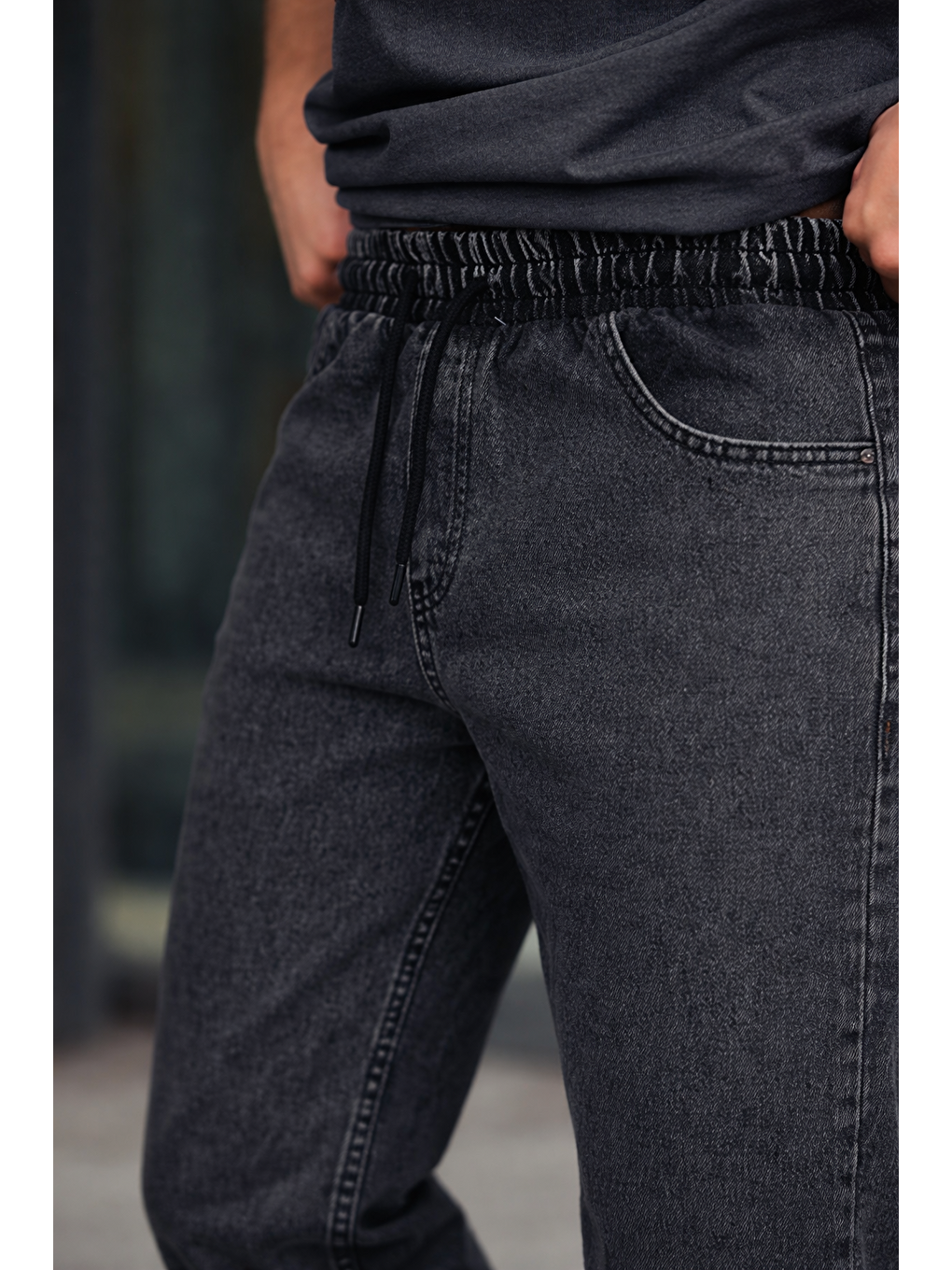 Gri Erkek Baggy Rahat Kalıp Bel Lastikli Pantolon-2