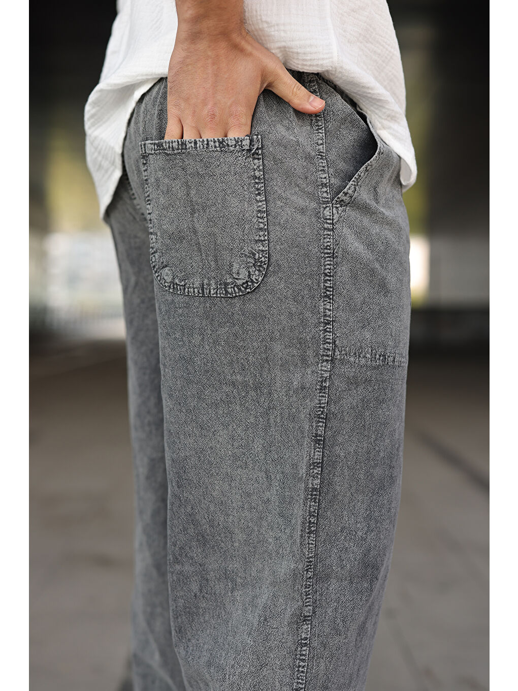 Beyaz Erkek Trend Basic Bol Paça K.Gri Baggy Keten Pantolon-3