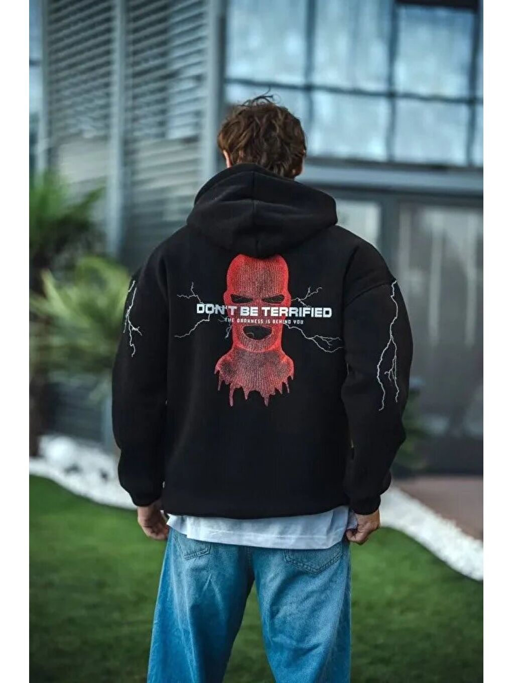 Üç İplik Kapüşonlu Baskılı Oversize Sweatshirt- Siyah